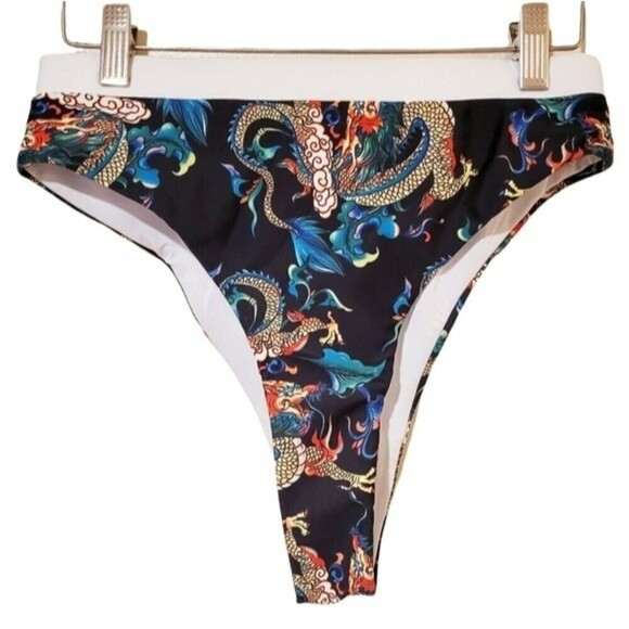 Shein Chinese Dragon Printed High Waisted Cheeky Bikini Swim Bottoms Size M - Picture 1 of 9